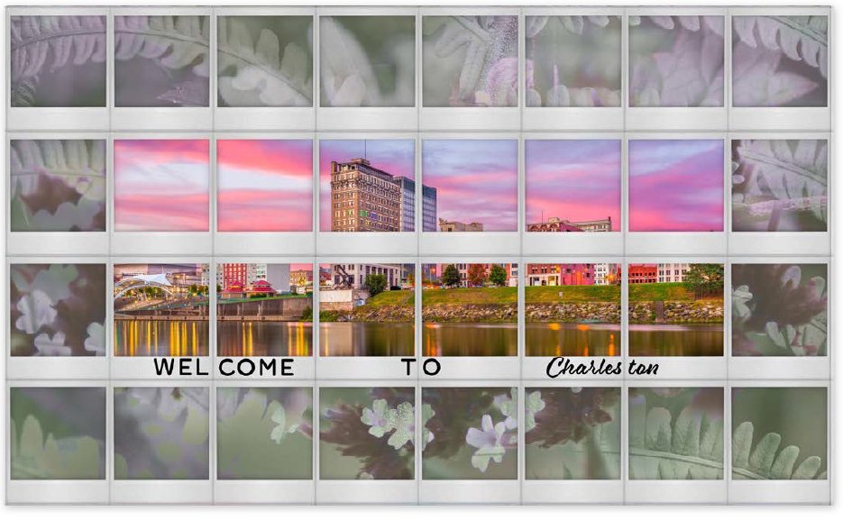 A finished elevator lobby grid: a fern surround framing a Charleston skyline, with “Welcome to Charleston” across the bottom row